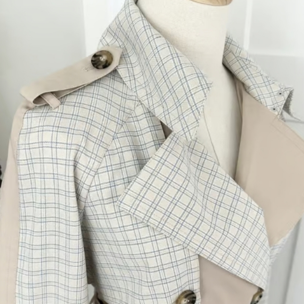 NWT AVEC LES FILLES Women's Mixed Media Plaid Cotton Trench Coat L - Picture 10 of 12